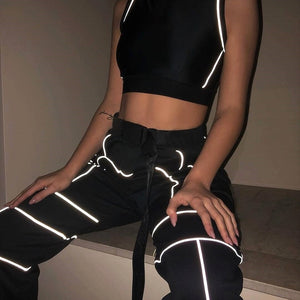 Women 2 Piece Tracksuit Reflective Cropped Top Loose Pants Sets Fashion Female Shine Black Tank Top And Trouser Chandal Mujer