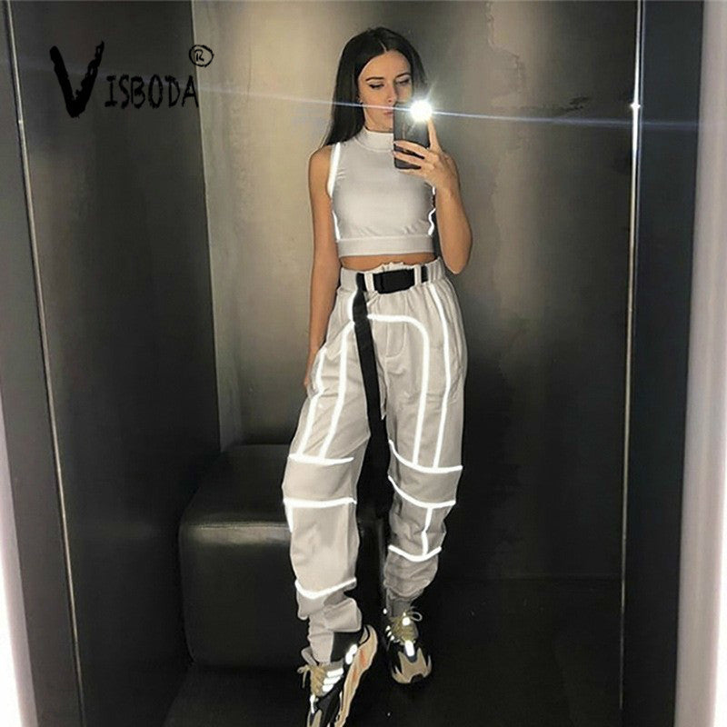 Women 2 Piece Tracksuit Reflective Cropped Top Loose Pants Sets Fashion Female Shine Black Tank Top And Trouser Chandal Mujer