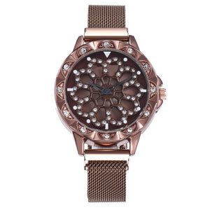 Luxury Rose Gold Watch Women Special Design 360 Degrees Rotation Diamond Dial Watches Mesh Magnet Starry Sky Ladies Watch Quartz