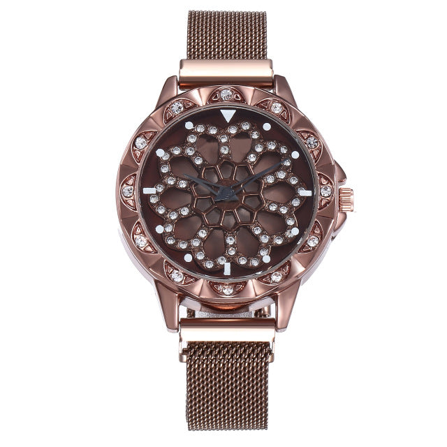 Luxury Rose Gold Watch Women Special Design 360 Degrees Rotation Diamond Dial Watches Mesh Magnet Starry Sky Ladies Watch Quartz