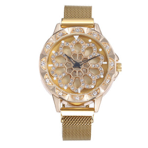 Luxury Rose Gold Watch Women Special Design 360 Degrees Rotation Diamond Dial Watches Mesh Magnet Starry Sky Ladies Watch Quartz