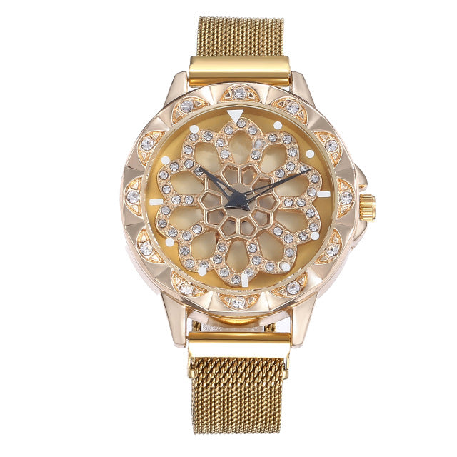 Luxury Rose Gold Watch Women Special Design 360 Degrees Rotation Diamond Dial Watches Mesh Magnet Starry Sky Ladies Watch Quartz