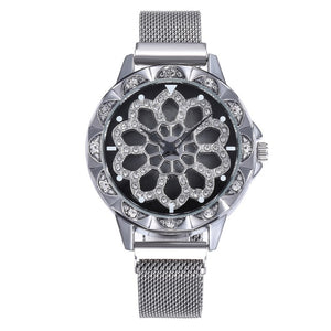 Luxury Rose Gold Watch Women Special Design 360 Degrees Rotation Diamond Dial Watches Mesh Magnet Starry Sky Ladies Watch Quartz