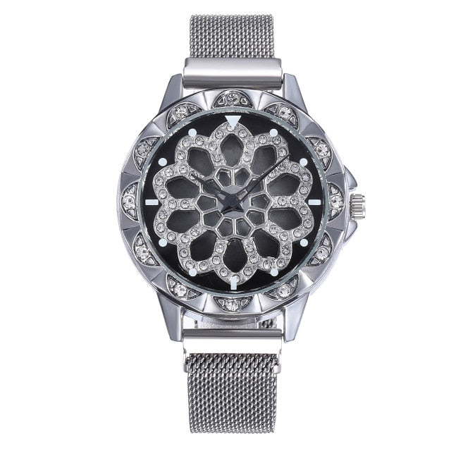 Luxury Rose Gold Watch Women Special Design 360 Degrees Rotation Diamond Dial Watches Mesh Magnet Starry Sky Ladies Watch Quartz
