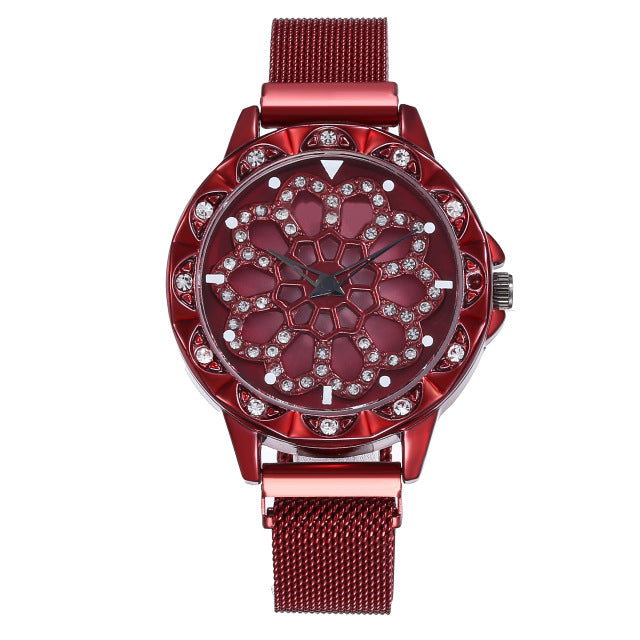 Luxury Rose Gold Watch Women Special Design 360 Degrees Rotation Diamond Dial Watches Mesh Magnet Starry Sky Ladies Watch Quartz