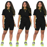 Two-piece Solid Color Women's Clothing. Short-sleeved Crew Neck T-shirt and Tight-fitting Shorts. Simple Style Tracksuit Outfit