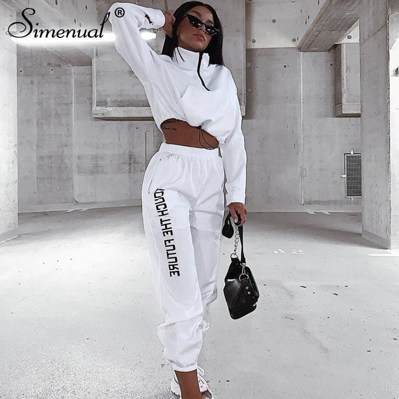 Simenual Letter Print Casual Workout Two Piece Set Women Fashion Zipper Long Sleeve Outfits Sporty Active Wear Top And Pants Set