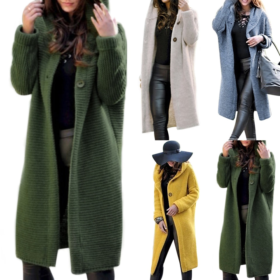 Women Long Cardigan Solid Hooded Sweater 2019 Autumn Warm Thick Long Coat Winter Knitting Coat Plus Size 5XL Casual Knittwear