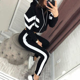 2019 Europe and the United States autumn new fashion classic striped women's hooded open-air sweater set two-piece