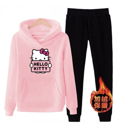 p66 3xl hello-kitty 2019 winter women ladies 2pcs long sleeve fleece hoodie Sweatshirts Set pullover Suit Tracksuits clothes