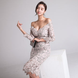New arrived Fashion Women's Dress Fall 2019 New One-neck Low-breast Lace Seven-minute Sleeve-wrapped Hip Dress