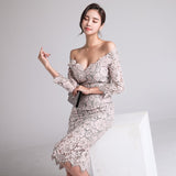 New arrived Fashion Women's Dress Fall 2019 New One-neck Low-breast Lace Seven-minute Sleeve-wrapped Hip Dress