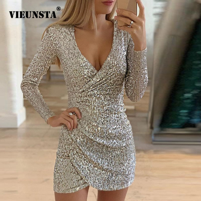 VIEUNSTA Sexy Silver Glitter Dresses for Women 2019 Deep V-Neck Sequin Mini Bodycon Dress Autumn Winter Long Sleeve Party Dress