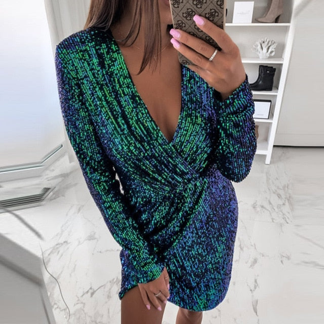 VIEUNSTA Sexy Silver Glitter Dresses for Women 2019 Deep V-Neck Sequin Mini Bodycon Dress Autumn Winter Long Sleeve Party Dress