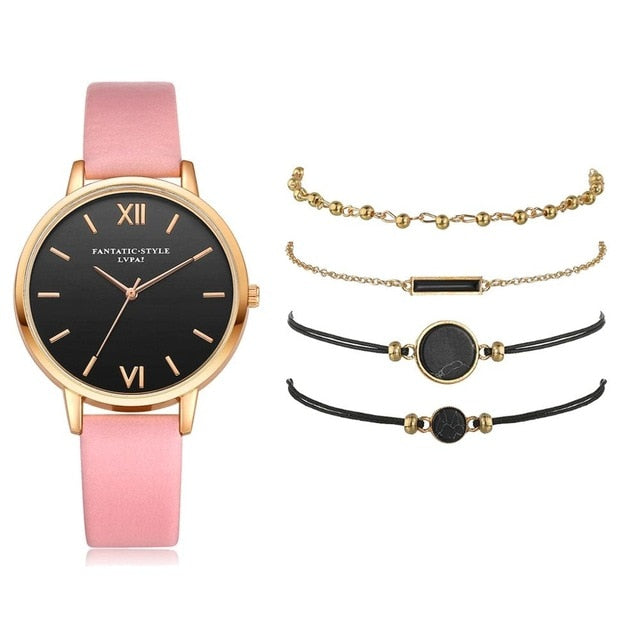 5PCS Women's Watch Set Modern Fashion Woman Quartz wristwatch Leather Ladies Bracelet Luxury Watch Casual Relogio Femenino