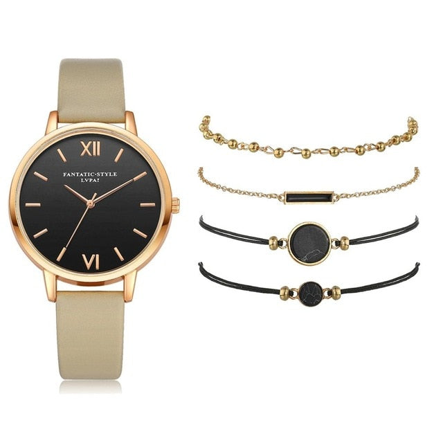 5PCS Women's Watch Set Modern Fashion Woman Quartz wristwatch Leather Ladies Bracelet Luxury Watch Casual Relogio Femenino