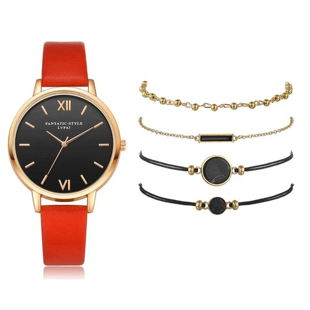 5PCS Women's Watch Set Modern Fashion Woman Quartz wristwatch Leather Ladies Bracelet Luxury Watch Casual Relogio Femenino