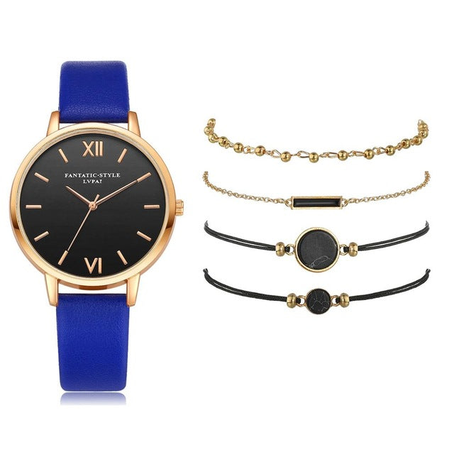 5PCS Women's Watch Set Modern Fashion Woman Quartz wristwatch Leather Ladies Bracelet Luxury Watch Casual Relogio Femenino