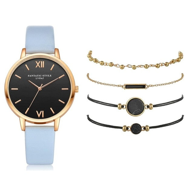 5PCS Women's Watch Set Modern Fashion Woman Quartz wristwatch Leather Ladies Bracelet Luxury Watch Casual Relogio Femenino