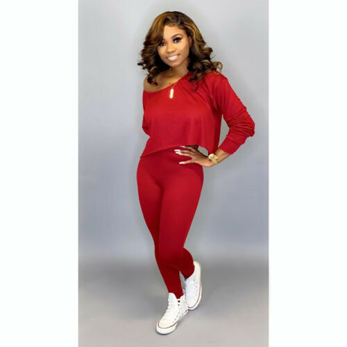 Running Set 2Pcs Women Sportswear Spandex Solid Loose Crop Long Sleeve Pullover Sports Top + Long Pants two piece set