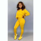 Running Set 2Pcs Women Sportswear Spandex Solid Loose Crop Long Sleeve Pullover Sports Top + Long Pants two piece set