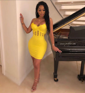 Newest Ladies Sexy V Neck Lace Yellow Bandage Dress 2019 Knitted Elastic Party Dress