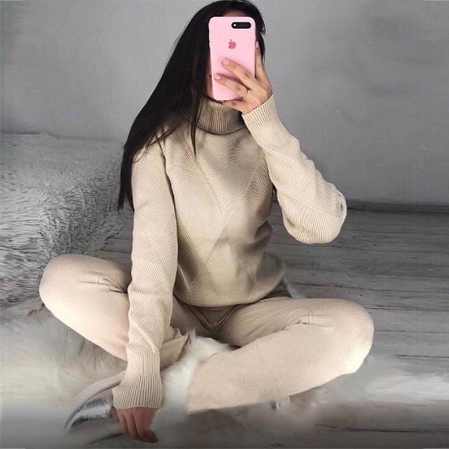 MVGIRLRU Woman Sweater Suits Casual  Knit Tracksuit Turtleneck Pullovers+pants Two Piece Sets Female Outfits