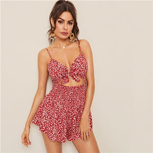 SHEIN Tie Front Cut Out Shirred Detail Ditsy Floral Romper 2019 Boho Red Spaghetti Strap Sleeveless Women Clothing Playsuit