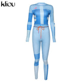 Kliou women fitness two pieces set tracksuit long sleeve crop top letters print elastic skinny leggings sportswear slim outfit