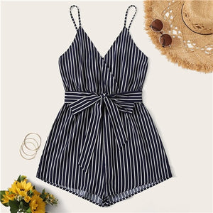 SHEIN Striped Wrap Cami Rompers Womens Jumpsuit With Belt Women Vacation Beach Sleeveless Sexy Jumpsuit 2019 Summer Playsuit