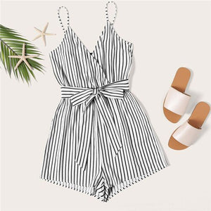 SHEIN Striped Wrap Cami Rompers Womens Jumpsuit With Belt Women Vacation Beach Sleeveless Sexy Jumpsuit 2019 Summer Playsuit