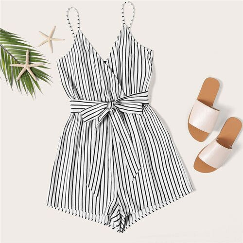 SHEIN Striped Wrap Cami Rompers Womens Jumpsuit With Belt Women Vacation Beach Sleeveless Sexy Jumpsuit 2019 Summer Playsuit