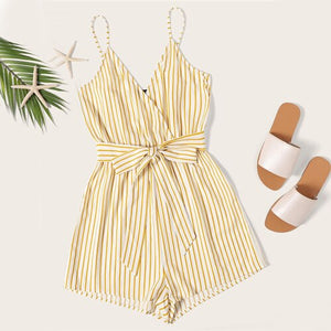 SHEIN Striped Wrap Cami Rompers Womens Jumpsuit With Belt Women Vacation Beach Sleeveless Sexy Jumpsuit 2019 Summer Playsuit