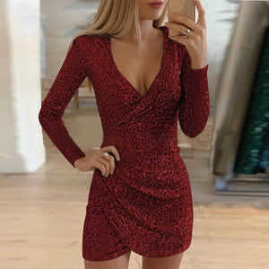 VIEUNSTA Sexy Silver Glitter Dresses for Women 2019 Deep V-Neck Sequin Mini Bodycon Dress Autumn Winter Long Sleeve Party Dress