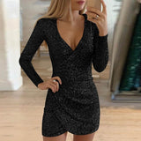 VIEUNSTA Sexy Silver Glitter Dresses for Women 2019 Deep V-Neck Sequin Mini Bodycon Dress Autumn Winter Long Sleeve Party Dress