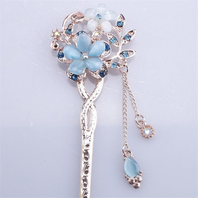 Wholesale Cat Eye Stone Hair Pin Double Flower Hair Clip Classical Hairpin Barrette Hair Accessories national wind headweard