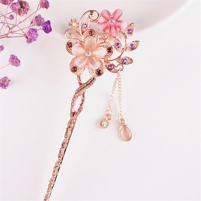 Wholesale Cat Eye Stone Hair Pin Double Flower Hair Clip Classical Hairpin Barrette Hair Accessories national wind headweard