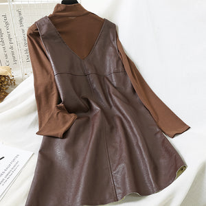 Mooirue Vintage Women 2 Piece Outfits Turtleneck Long Sleeve Slim Shirt Pu Loose Midi Dress Korean Style Streetwear 2 Piece Set