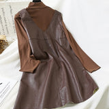 Mooirue Vintage Women 2 Piece Outfits Turtleneck Long Sleeve Slim Shirt Pu Loose Midi Dress Korean Style Streetwear 2 Piece Set