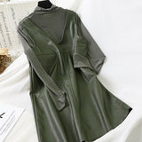 Mooirue Vintage Women 2 Piece Outfits Turtleneck Long Sleeve Slim Shirt Pu Loose Midi Dress Korean Style Streetwear 2 Piece Set