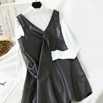 Mooirue Vintage Women 2 Piece Outfits Turtleneck Long Sleeve Slim Shirt Pu Loose Midi Dress Korean Style Streetwear 2 Piece Set