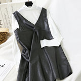 Mooirue Vintage Women 2 Piece Outfits Turtleneck Long Sleeve Slim Shirt Pu Loose Midi Dress Korean Style Streetwear 2 Piece Set
