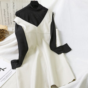 Mooirue Vintage Women 2 Piece Outfits Turtleneck Long Sleeve Slim Shirt Pu Loose Midi Dress Korean Style Streetwear 2 Piece Set