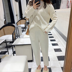 Cashmere Knitted Women's Sweater Pants Suit Autumn Ankle-length Sports Suits Female 2019 Fashion Batwing Sleeve 2 Piece Sets