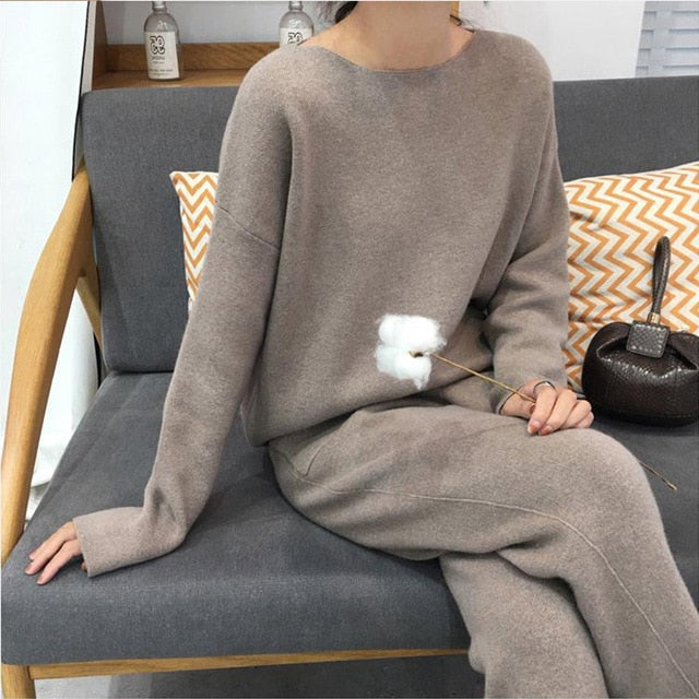 Cashmere Knitted Women's Sweater Pants Suit Autumn Ankle-length Sports Suits Female 2019 Fashion Batwing Sleeve 2 Piece Sets