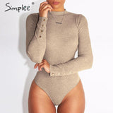 Simplee Elegant knitted bodysuit women Casual long sleeve button female jumpsuit romper Autumn winter slim ladies overalls 2019