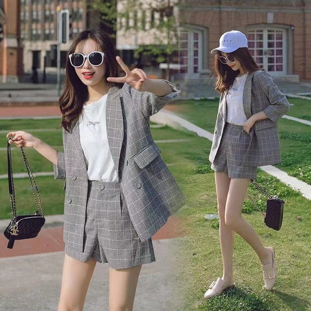 Thin selection] Fashion suit two-piece suit female 2019 summer new Korean version of the plaid thin coat + pants suit