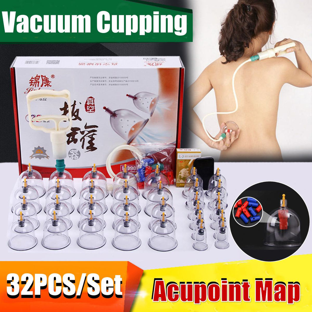 32 Cans Cups Chinese Vacuum Cupping Kit Pull Out Vacuum Apparatus Therapy Relax Massagers Curve Suction Pumps