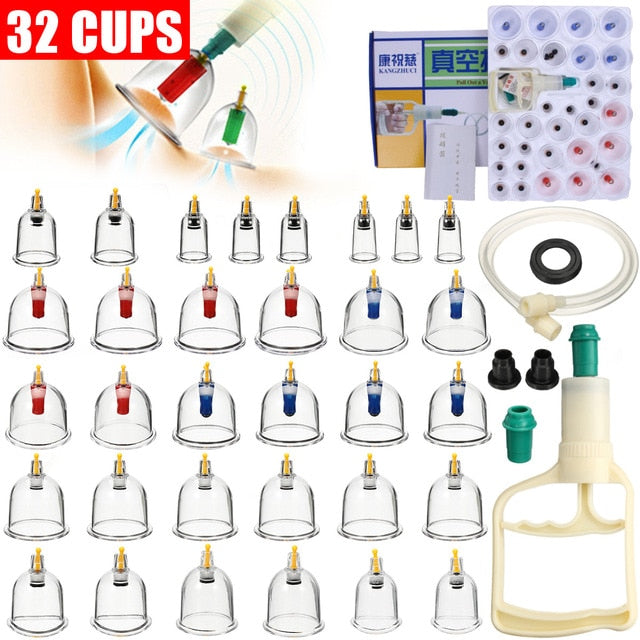 32 Cans Cups Chinese Vacuum Cupping Kit Pull Out Vacuum Apparatus Therapy Relax Massagers Curve Suction Pumps