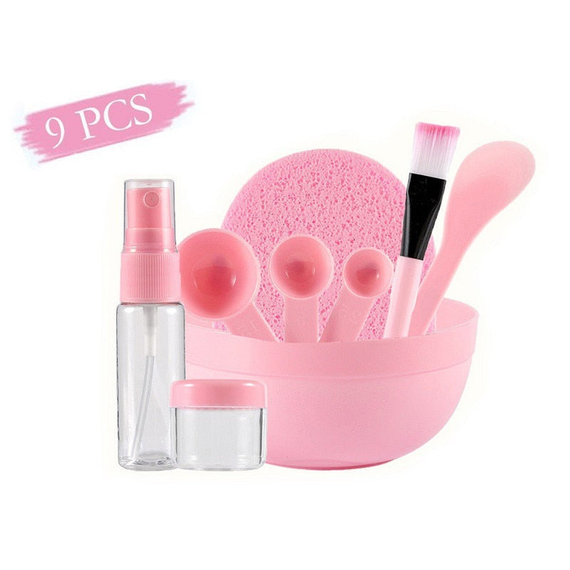 9 in 1 Set Pink Facial Care Mask Face Mask Mixing Tool Sets Bowl Stick Brush Gauge Cleaning Mat 2019 New product